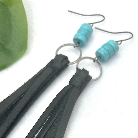 Bohemian Chic Turquoise Beaded earrings and leather Fringe long Earrings - Picture 2 of 3